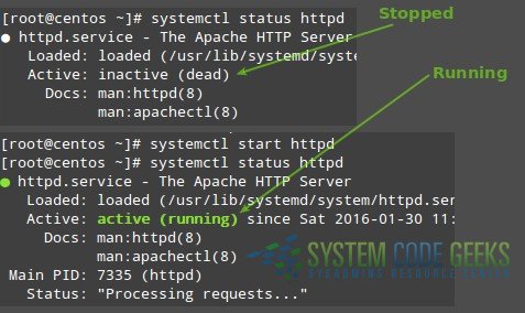 Figure 2: install Apache web server- Using systemctl to check Apache's status in CentOS