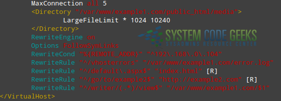 Figure 1: Apache mod_rewrite example: Adding RewriteCond and RewriteRule directives