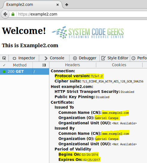 Figure 3: Apache enable SSL / TLS Tutorial: Inspecting the connection details