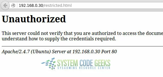 Figure 6 - Apache Configuration Tutorial: Without valid credentials, a restricted resource cannot be accessed