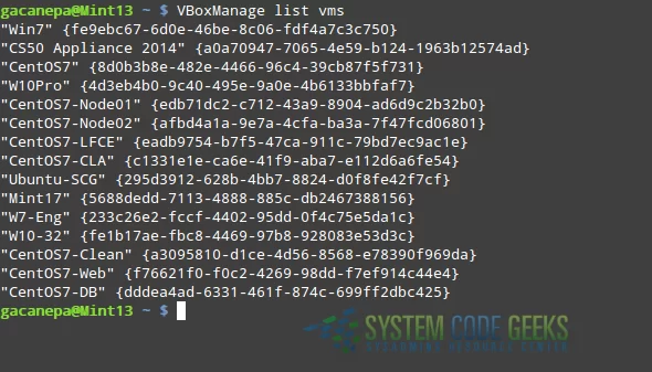 Figure 1: Listing appliances registered with VirtualBox