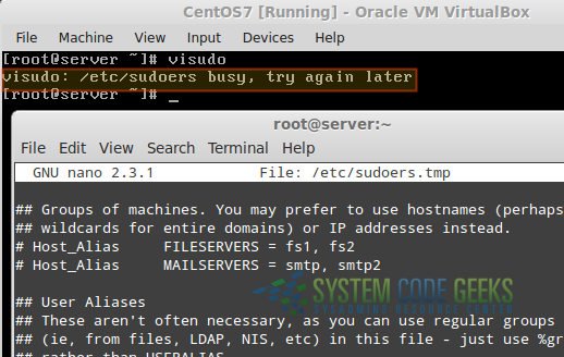 Figure 1: Visudo prevents other users from accessing /etc/sudoers for edition at the same time
