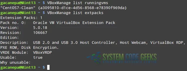 Figure 2: Listing running virtual machines and the installed extension pack