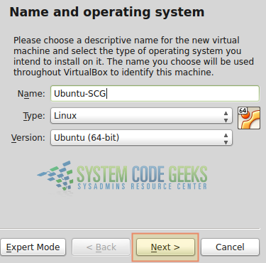 Figure 3: Virtualization with VirtualBox: Choosing the type of our virtual machine