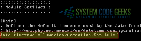 Figure 3: Setting the timezone in the php.ini file for Centreon