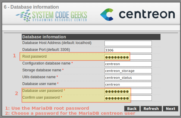 Figure 4: Database configuration for Centreon