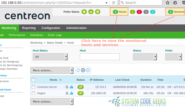 Figure 5: Viewing the status of monitored hosts and services in Centreon