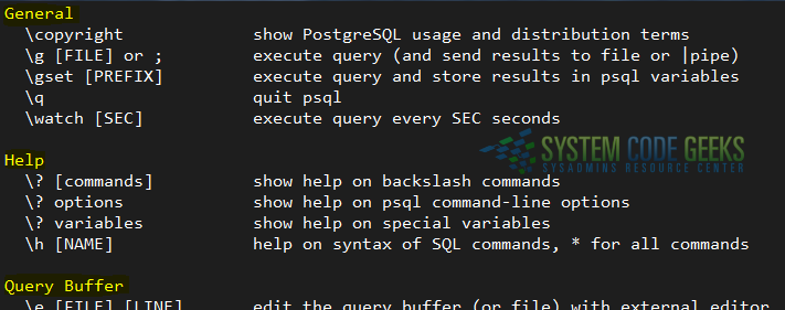 Getting help with psql commands