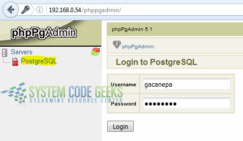 Logging on to phppgadmin