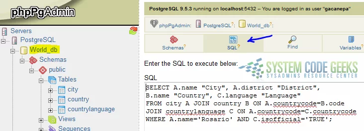 Our first query to the PostgreSQL database through phppgadmin
