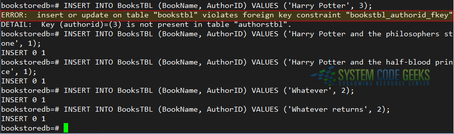 Inserting data with a non-existent foreign key causes an error