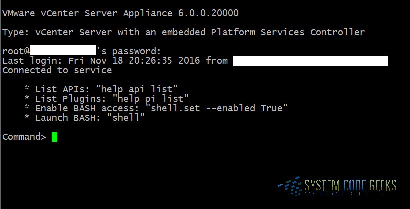 Figure 2: Connected via SSH to the appliance shell prompt