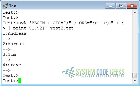 An awk output record separator Example