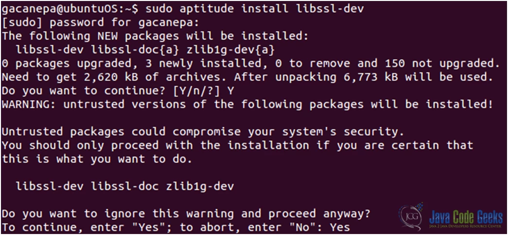 Figure 3: Nginx SSL configuration guide: Installing the libssl-dev package, which provides the OpenSSL library