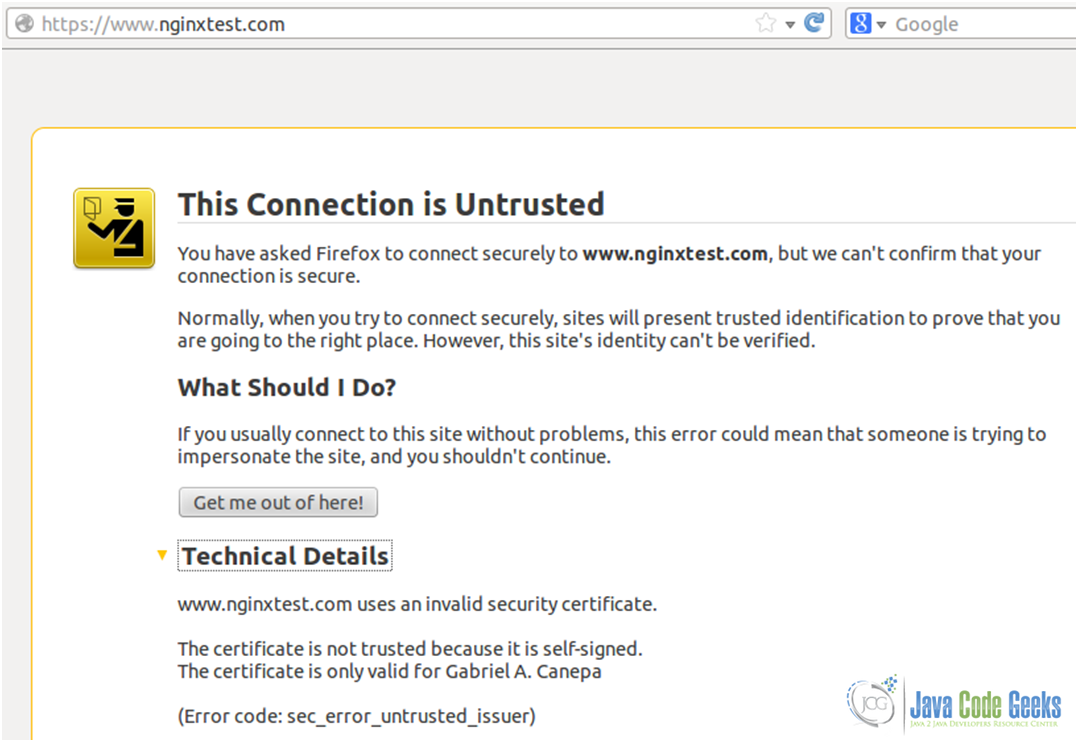 Figure 13: Nginx SSL configuration guide: A self-signed certificate works but presents this warning screen