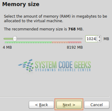 Figure 4: Virtualization with VirtualBox: Allocating RAM for the virtual machine