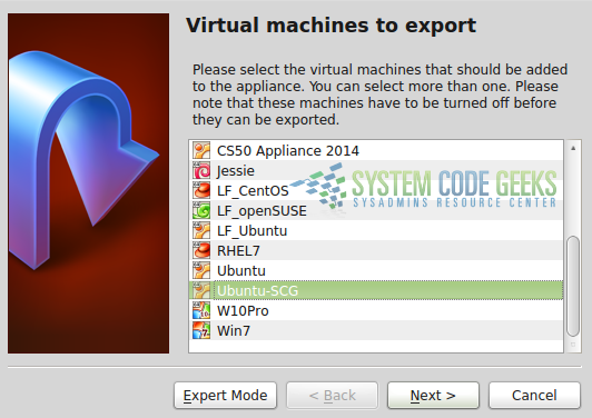 Figure 5: Selecting virtual machines to export