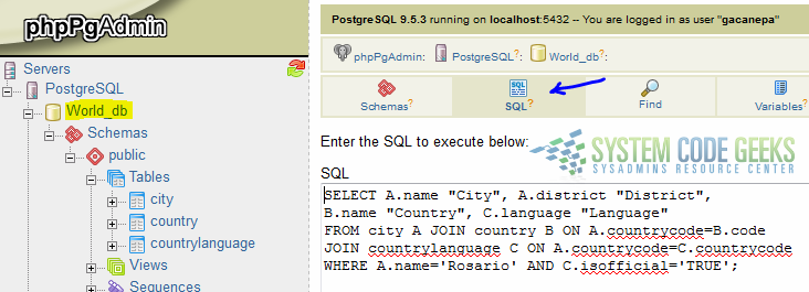 Our first query to the PostgreSQL database through phppgadmin
