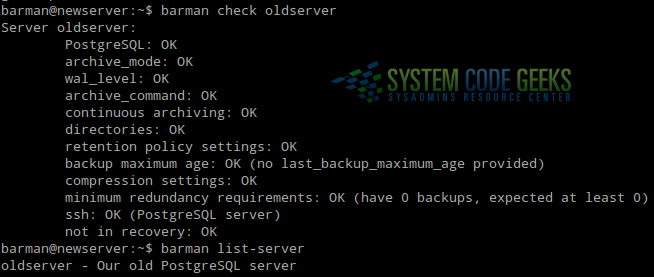 Checking the barman connection from newserver to oldserver